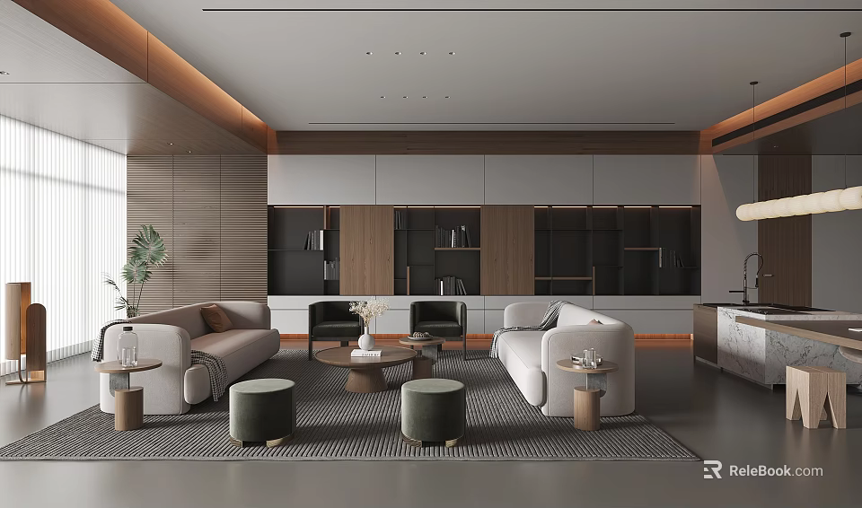 Modern Living Room Interior With Sofas Ottomans Coffee Tables And Cabinets 3d model