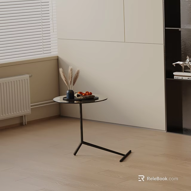 Modern Round Side Table with Black Metal Legs and Decorative Fruits in Living Corner 3d model 