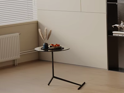 Modern Round Side Table with Black Metal Legs and Decorative Fruits in Living Corner 3d model