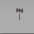 Vintage Double Bladed Metal Axe Weapon With Wooden Handle And Metal Accents