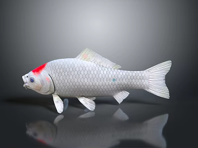 Realistic Silver Aquatic Fish With Red Head Detailed Scales Fins And Tail Reflection 3d model