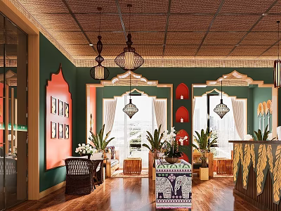 Decorative Beauty Salon Interior Design With Green Walls Red Accents Chandeliers And Plants 3d model