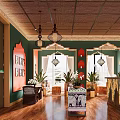 Decorative Beauty Salon Interior Design With Green Walls Red Accents Chandeliers And Plants