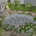 Garden Water Fountain With Rocks Koi Fish And Green Plants In Pebble Pool