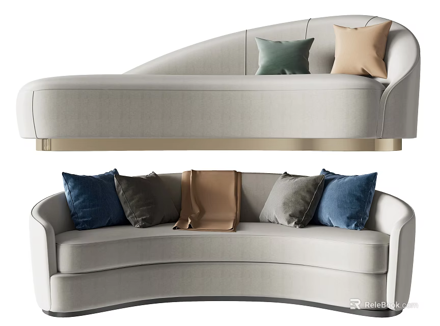 Modern Curved Sectional Sofa Featuring Beige Upholstery Multiple Colored Cushions And Throw Blanket 3d model