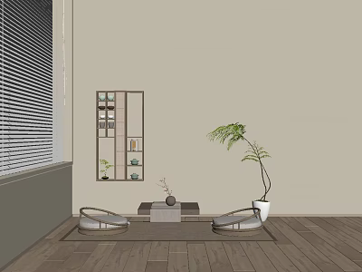 Minimalist Coffee Table in Living Room with Wooden Floor Two Chairs and Potted Plant 3d model