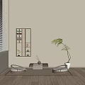 Minimalist Coffee Table in Living Room with Wooden Floor Two Chairs and Potted Plant