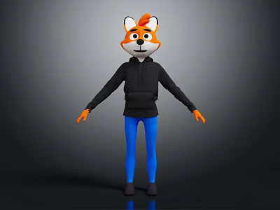 3D Animated Game And Movie Fox Character With Orange White Head Black Hoodie Blue Pants 3d model