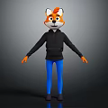 3D Animated Game And Movie Fox Character With Orange White Head Black Hoodie Blue Pants