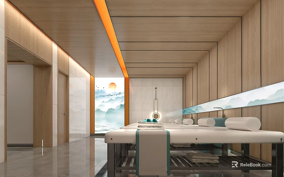 SPA Sauna Modern Interior Design With Wooden Panels Massage Tables And Natural Lighting 3d model 