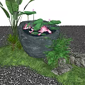 Garden Ornament With Stone Basin Pink Lotus Flowers Lotus Leaves Green Plants Stones And Grass