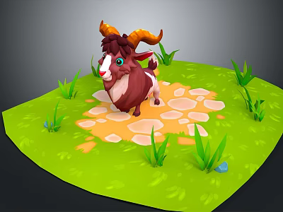 Cute Brown Goat Standing on Green Grass with Stones and Small Plants 3d model