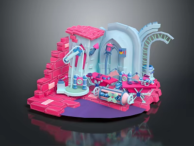 Colorful Cartoon Scene With Pink Brick Staircase Blue Tower And Mechanical Devices 3d model