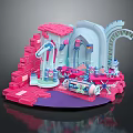 Colorful Cartoon Scene With Pink Brick Staircase Blue Tower And Mechanical Devices