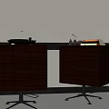 Modern Wooden Office Desk With Drawers Metal Stands Laptop And Decorative Books