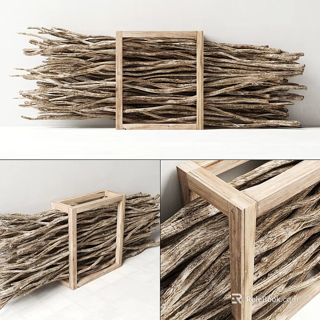 Stacked Dry Twigs Arranged In Wooden Crate For Decorative Use 3d model 