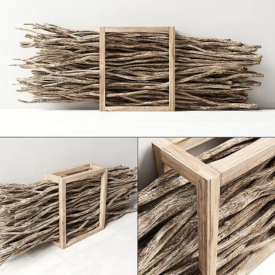 Stacked Dry Twigs Arranged In Wooden Crate For Decorative Use 3d model