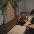 Traditional Tea Room Interior With Wooden Furniture Rock And Plants