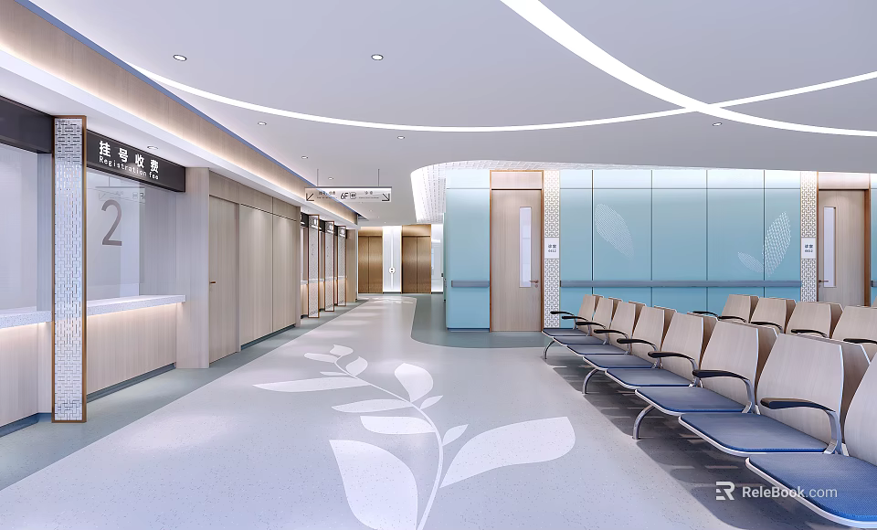 Modern Medical Waiting Area With Waiting Chairs Leaf Pattern Floor And Reception Desk 3d model 