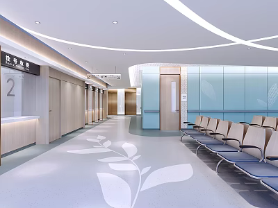 Modern Medical Waiting Area With Waiting Chairs Leaf Pattern Floor And Reception Desk 3d model