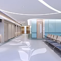 Modern Medical Waiting Area With Waiting Chairs Leaf Pattern Floor And Reception Desk