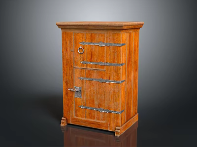 Vintage Wooden Cabinet With Metal Straps Lock And Decorative Legs Design 3d model