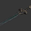 Fantasy Roleplay Ornate Sword With Detailed Skull Design And Green Golden Patterns
