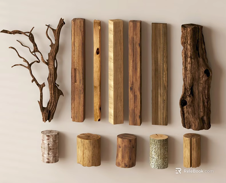 Natural Wood and Stone Decorative Elements with Twigs Posts and Stumps for Interior Design 3d model 