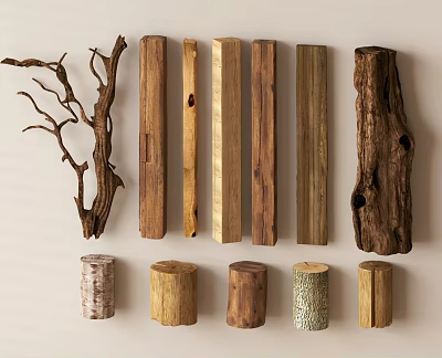 Natural Wood and Stone Decorative Elements with Twigs Posts and Stumps for Interior Design 3d model