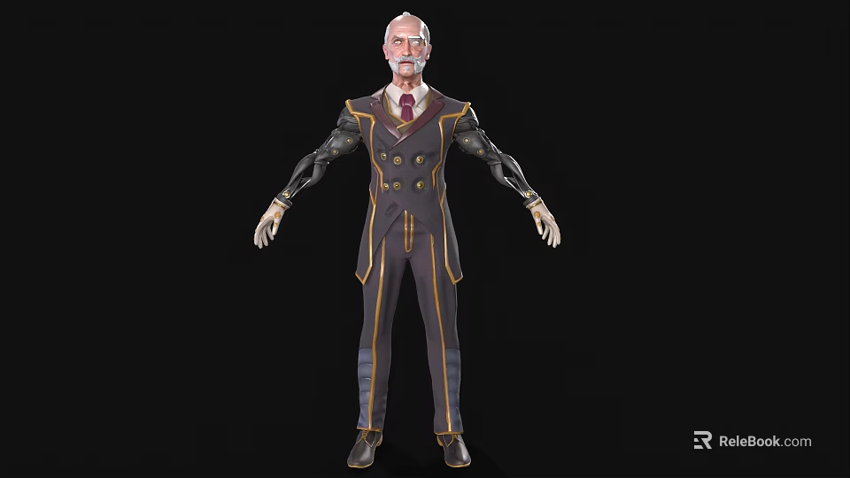 Elderly Man In Dark Suit With Gold Trims Red Tie And Mechanical Arms Standing Still 3d model 