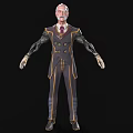 Elderly Man In Dark Suit With Gold Trims Red Tie And Mechanical Arms Standing Still
