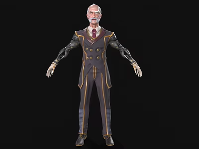 Elderly Man In Dark Suit With Gold Trims Red Tie And Mechanical Arms Standing Still 3d model