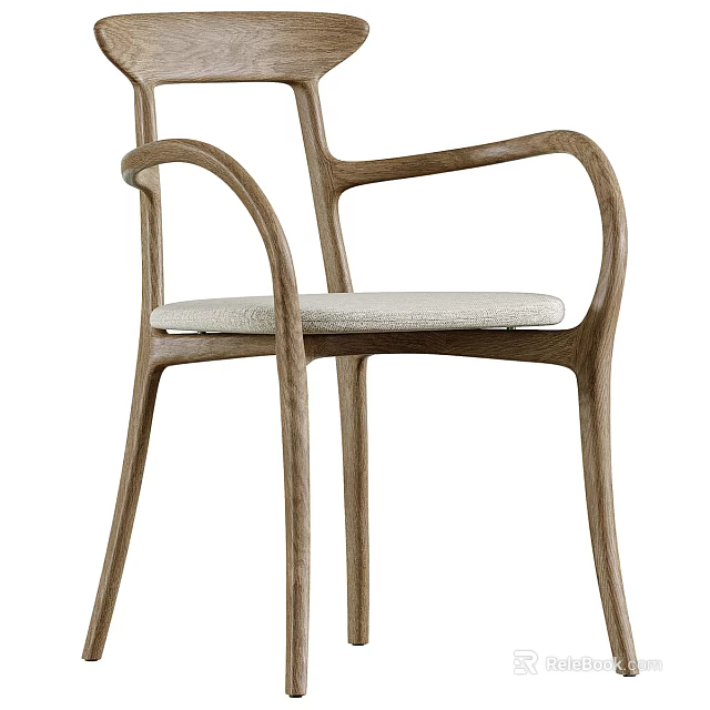 Modern Single Chair With Wooden Frame Curved Armrests And Light Upholstered Seat 3d model 