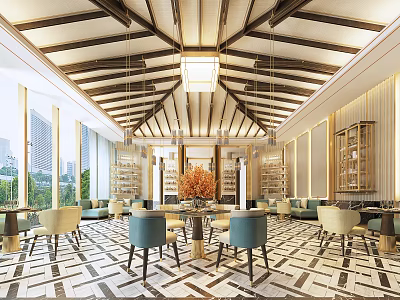 Elegant Restaurant Interior With Wooden Ceiling Beams Pendant Lights Tables Chairs And Patterned Floor Tiles 3d model