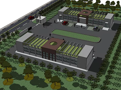 Modern Office Building Complex With Green Roofs Circular Courtyard Parking Area And Trees 3d model