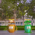 Colorful Cartoon Designed Recycling Bins As Public Facilities in Outdoor Area With Trees Background
