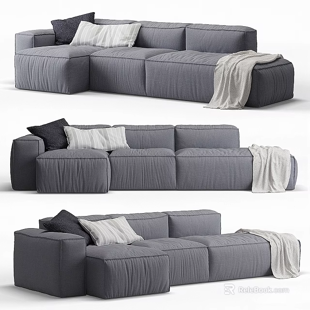 Modern Gray Sectional Sofa With Plush Cushions And Cozy Throw Blanket Design 3d model 
