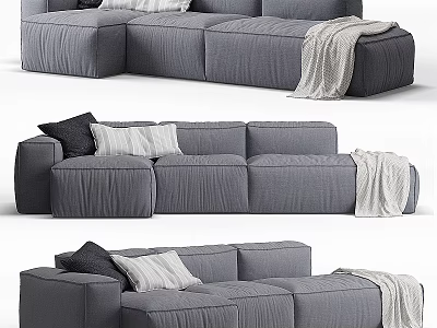 Modern Gray Sectional Sofa With Plush Cushions And Cozy Throw Blanket Design 3d model