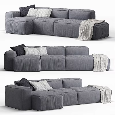 Modern Gray Sectional Sofa With Plush Cushions And Cozy Throw Blanket Design 3d model