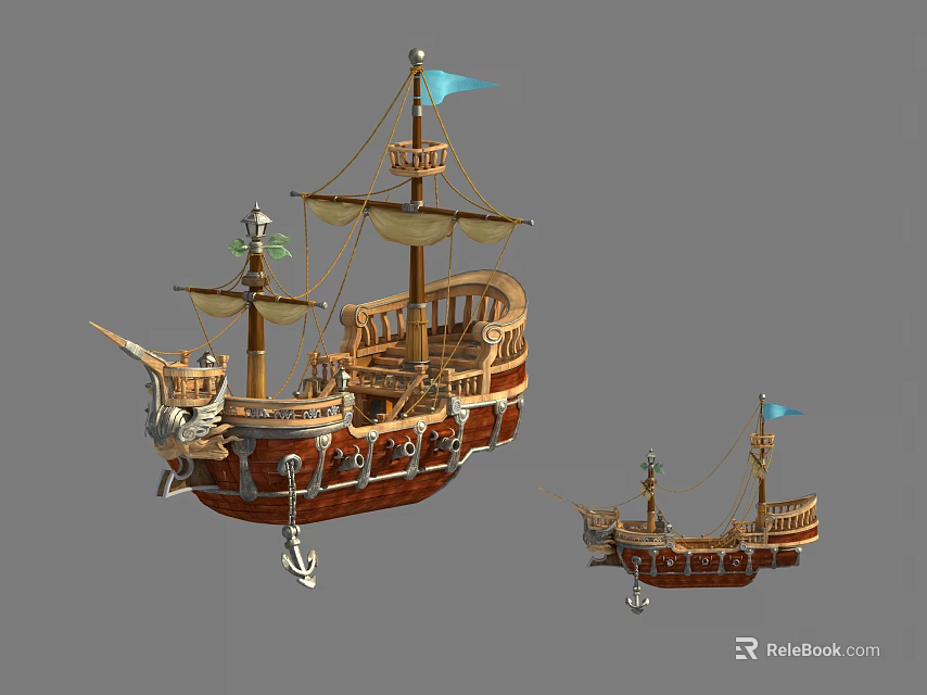 Detailed Large and Small Wooden Ship Models with Masts Sails and Flags 3d model 