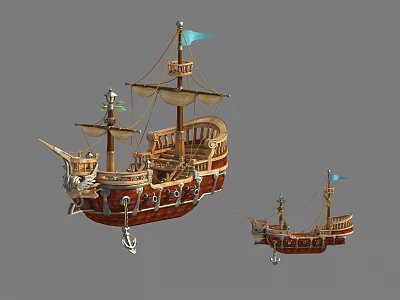 Detailed Large and Small Wooden Ship Models with Masts Sails and Flags 3d model