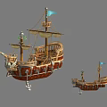 Detailed Large and Small Wooden Ship Models with Masts Sails and Flags