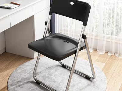 White Desk Setup With Black Folding Chair On Wooden Floor And Curtains 3d model