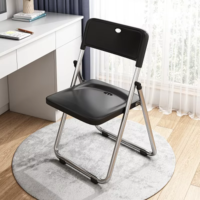 White Desk Setup With Black Folding Chair On Wooden Floor And Curtains 3d model