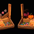 Cartoon Style Pumpkin Carriage Scene With Hanging Pumpkins Wooden Wheels Small Window And Items Inside