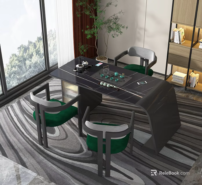 Modern Black Tea Table with Green Cushioned Chairs in Room with Large Window and Striped Rug 3d model 