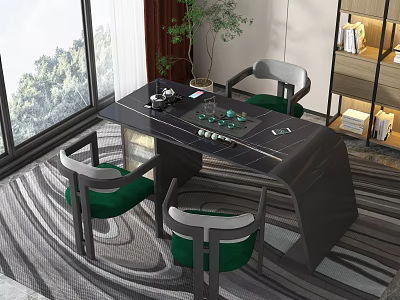 Modern Black Tea Table with Green Cushioned Chairs in Room with Large Window and Striped Rug 3d model