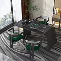 Modern Black Tea Table with Green Cushioned Chairs in Room with Large Window and Striped Rug