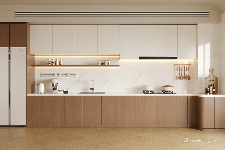 Modern Kitchen Interior Design With White Wooden Cabinets And Marble Countertop 3d model 