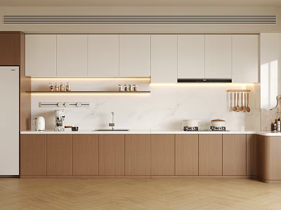 Modern Kitchen Interior Design With White Wooden Cabinets And Marble Countertop 3d model